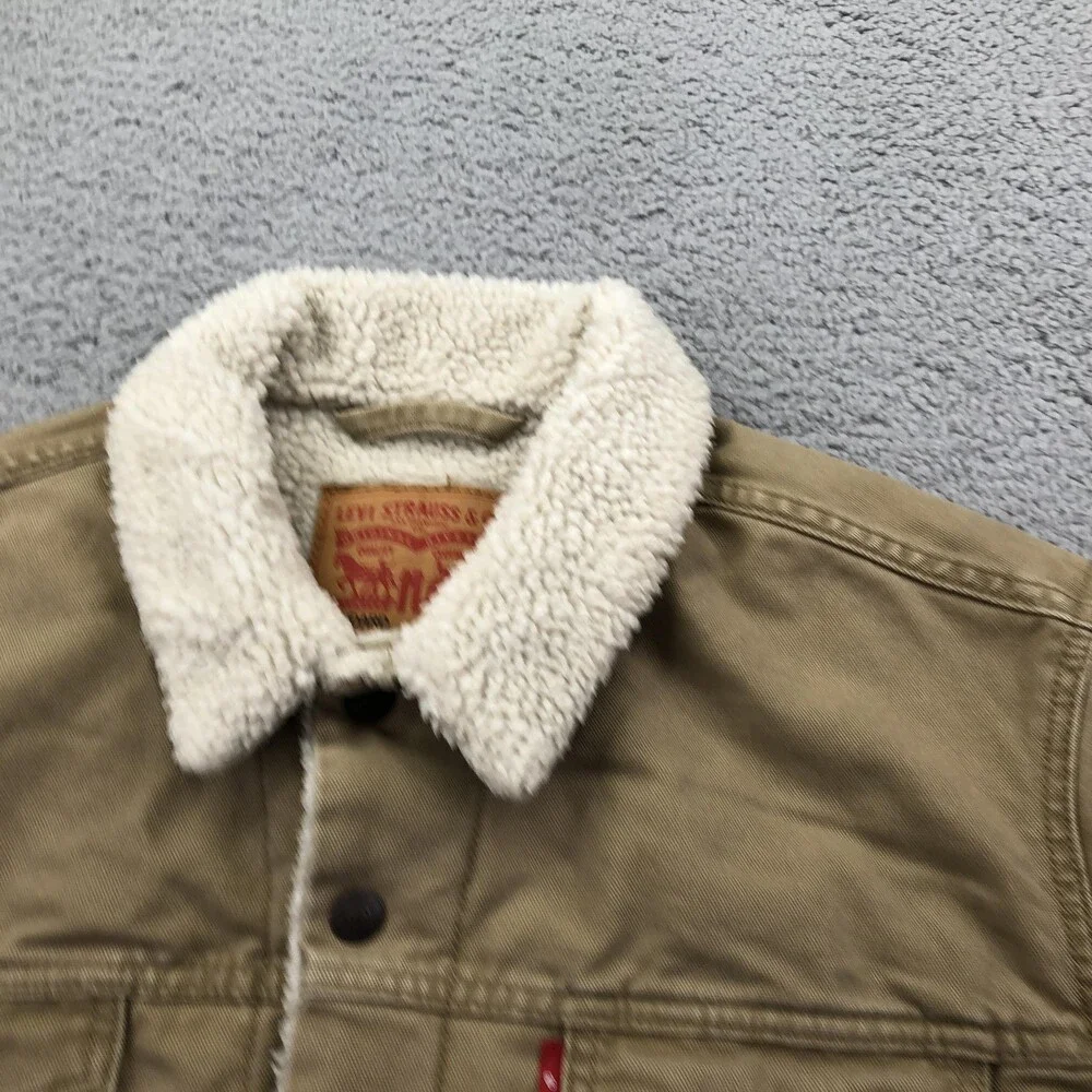 Levi's Jacket Mens Large Beige Canvas Sherpa Lined Trucker Button Front Workwear